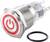 Metalowy przełącznik z czerwonym symbolem włączania/wyłączania w pozycji poziomej, obok czarny pierścień uszczelniający. Odpowiedni do urządzeń elektronicznych.
