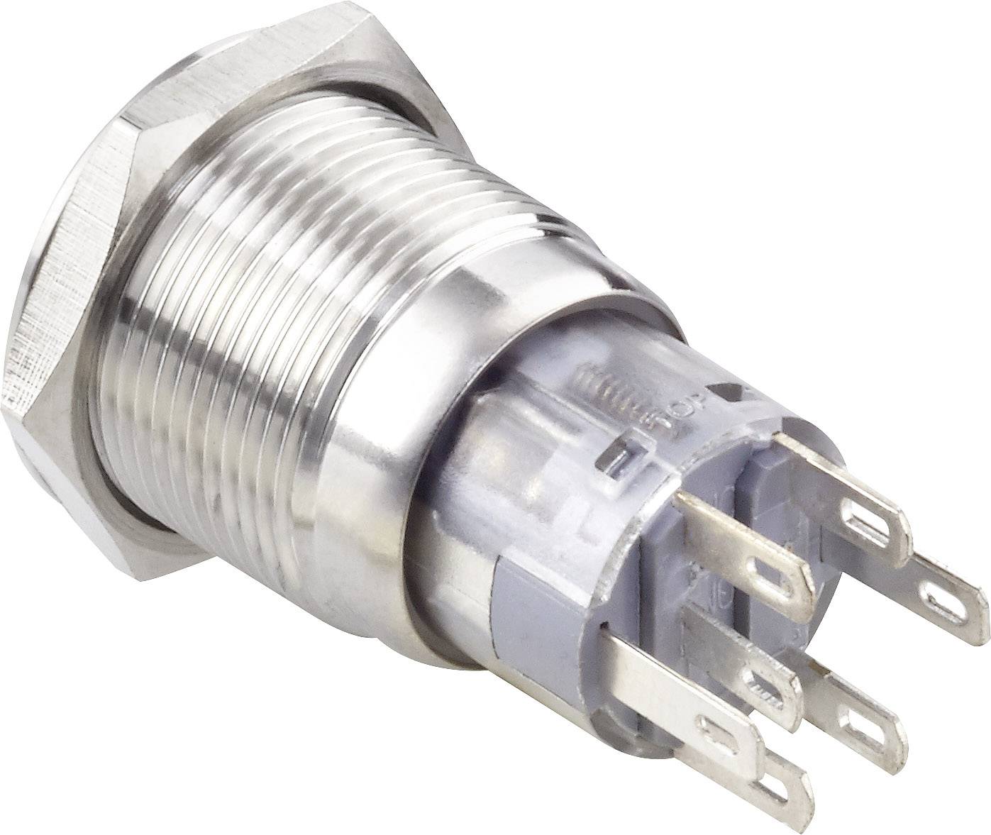 Okrągły, srebrny przełącznik metalowy z wieloma stykami, przeznaczony do urządzeń elektronicznych i obwodów elektrycznych.