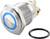 Okrągły, srebrny przełącznik metalowy z niebieskim pierścieniem świetlnym i czarnym uszczelnieniem. Odpowiedni do zastosowań elektronicznych.