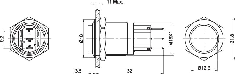 Diagram przedstawia rysunek techniczny sześciokątnego złącza ze szczegółowymi wymiarami w milimetrach, opisującymi jego strukturę i podłączenia.