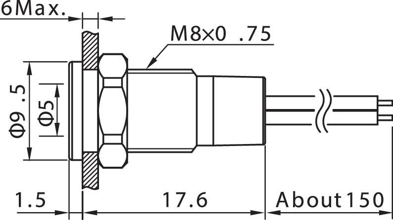 Rysunek techniczny złącza cylindrycznego, przedstawiający wymiary: średnica 9,5 mm, długość 17,6 mm, gwint M8x0,75.