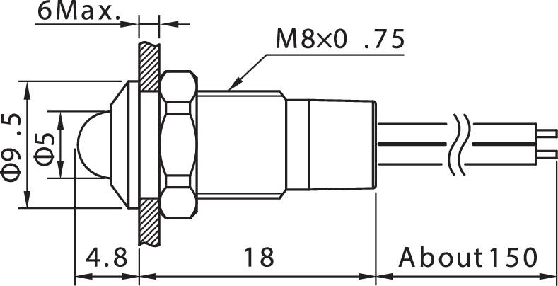 Rysunek techniczny cylindrycznego czujnika z gwintem gwintowanym M8 i złączem kablowym. Wymiary: średnica 9,5 mm, długość 18 mm.