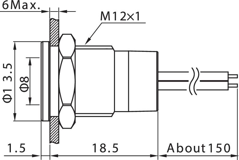Rysunek techniczny cylindrycznego złącza wtykowego z gwintem M12. Wymiary: średnica 8 mm, długość 8,5 mm, całkowita długość 150 mm.