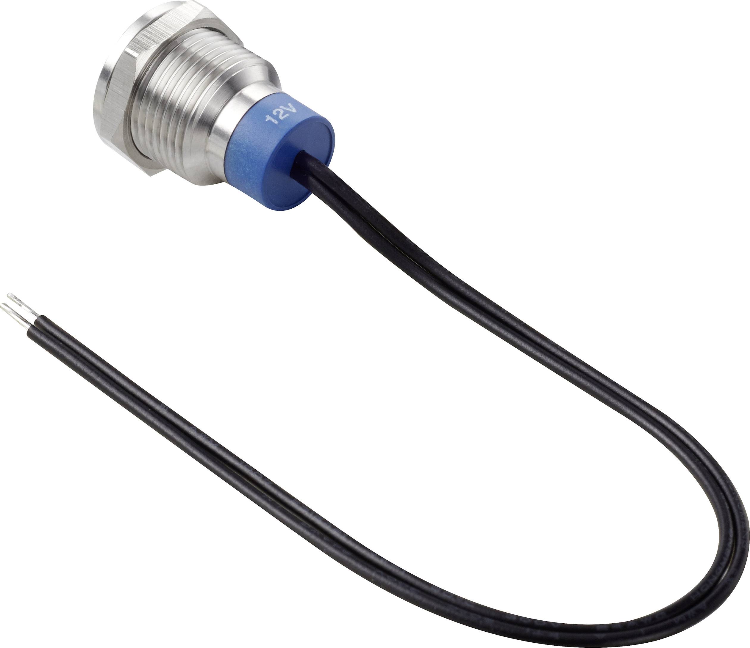 'Okrągły metalowy przycisk z niebieską podstawą, czarnym przewodem i oznaczeniem 12V na podstawie.'