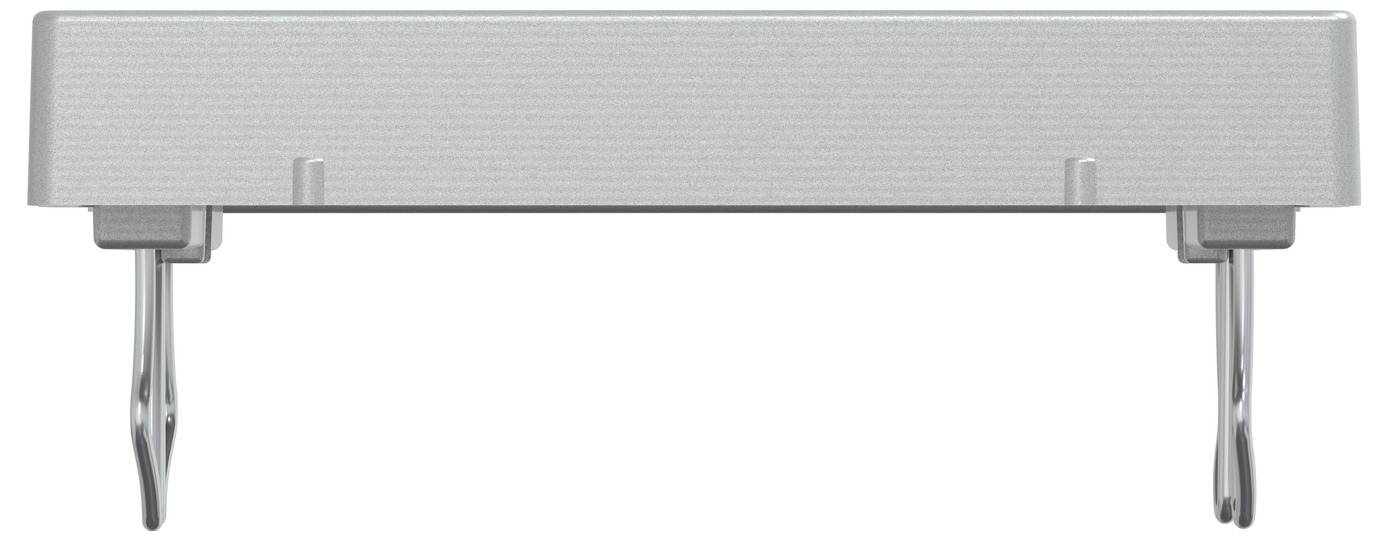 Szary, prostokątny obiekt z dwoma pionowo ustawionymi metalowymi uchwytami, przypominający rękojeść lub panel uchwytu.