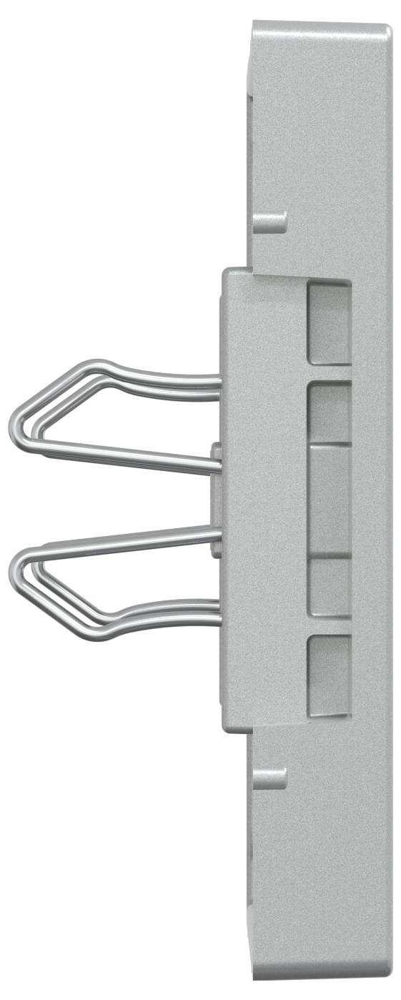 Widok z boku srebrnego metalowego segregatora z dwoma zamkniętymi zaciskami.