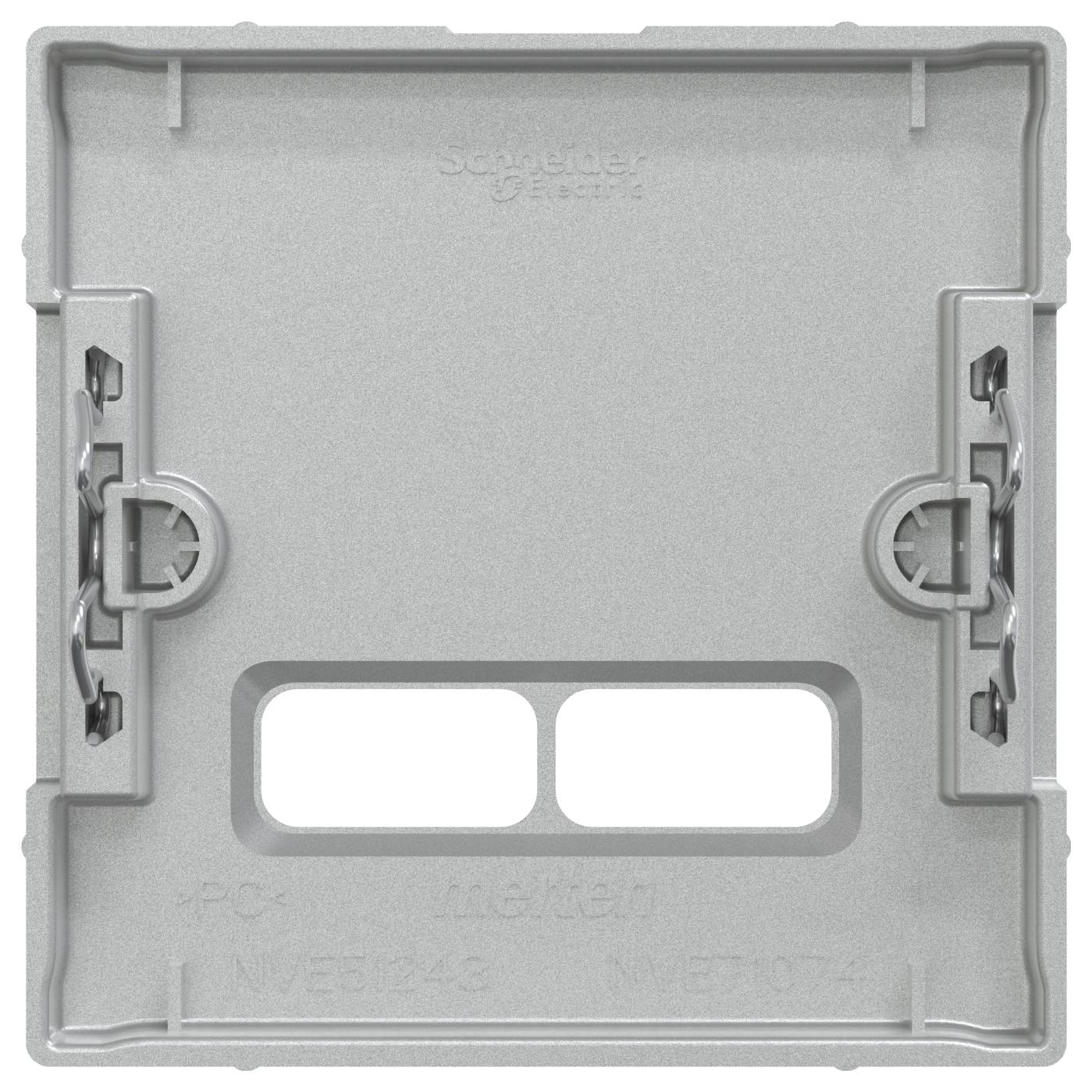 Osłona przełącznika z szarego tworzywa sztucznego z podwójnym prostokątnym otworem pośrodku, przeznaczona do instalacji elektrycznych.