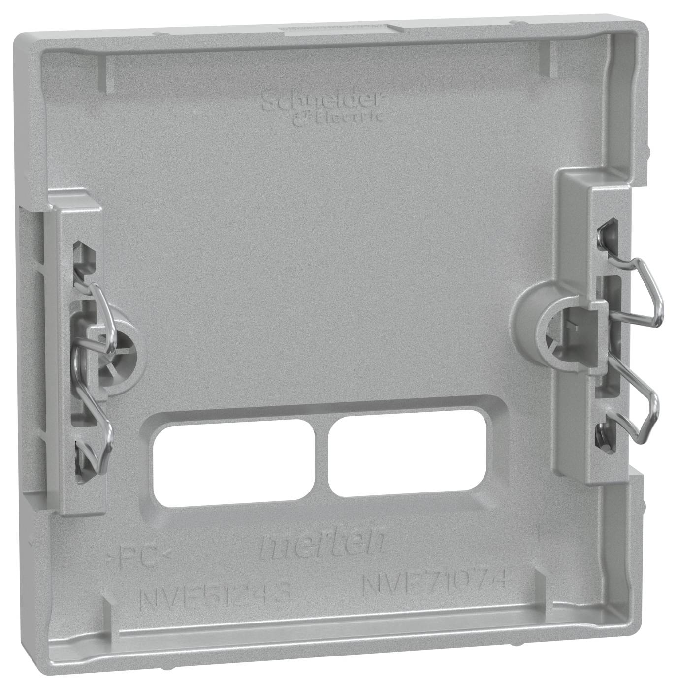 Szara plastikowa podstawa z zatrzaskami i dwoma otworami. Na górze logo firmy 'Schneider Electric'. Tekst na dole: 'NVE5743 NVF71074'.