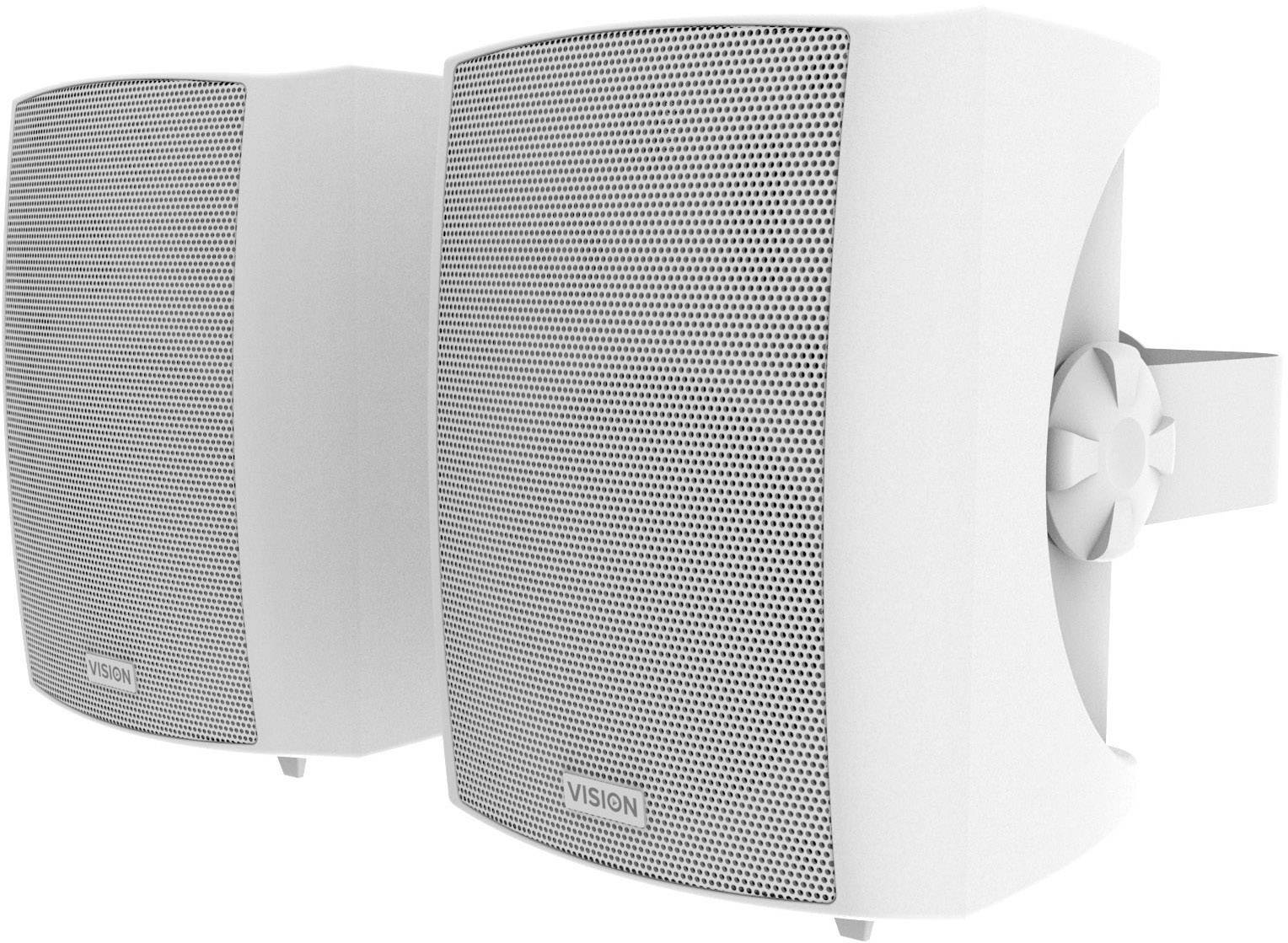 Dwa białe głośniki są zamontowane na uchwycie ściennym. Są identyczne i mają na przedniej stronie etykietę 'Vision'.