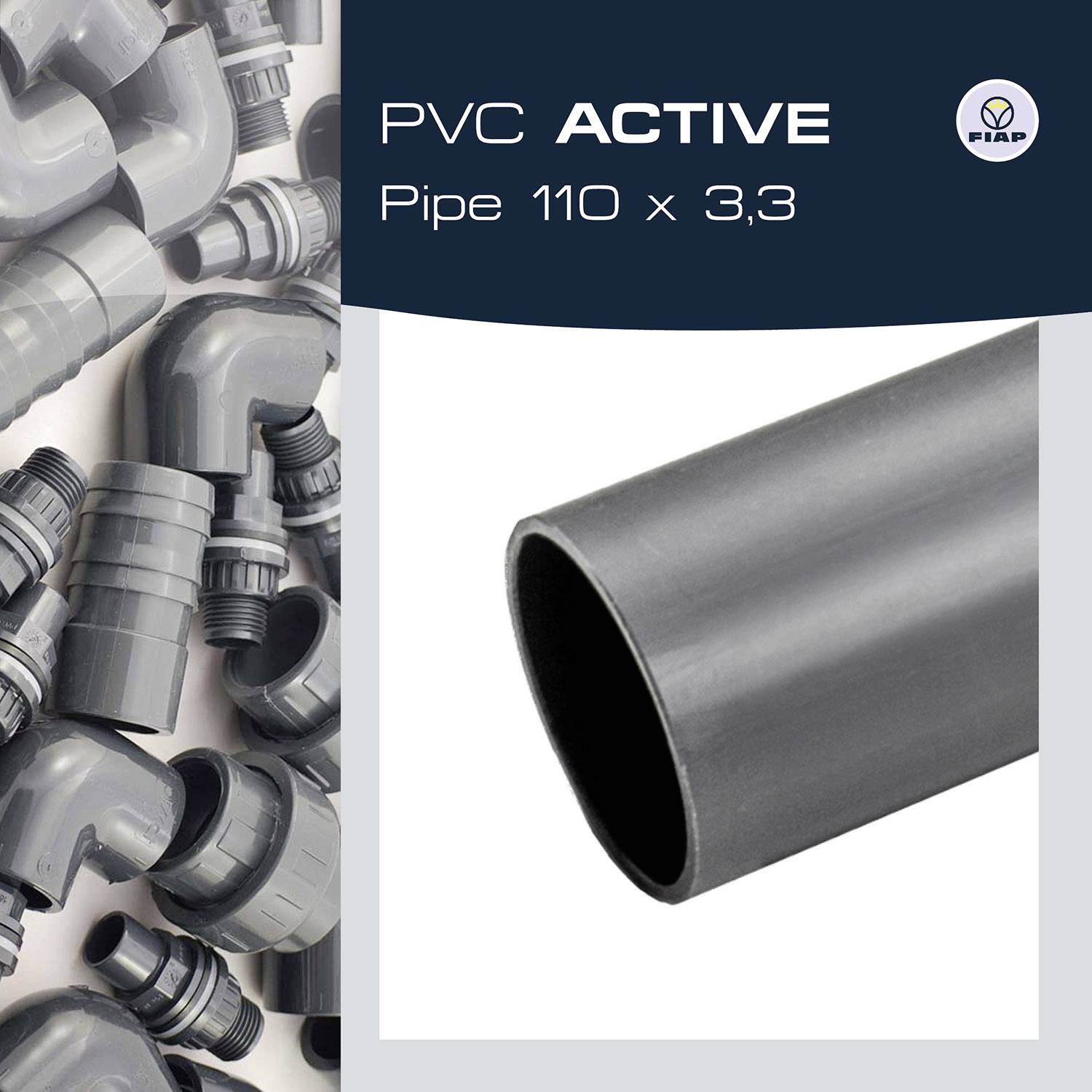 Rury PVC, kolana i złączki w kolorze szarym. Tekst: 'PVC ACTIVE Rura 110 x 3,3'.