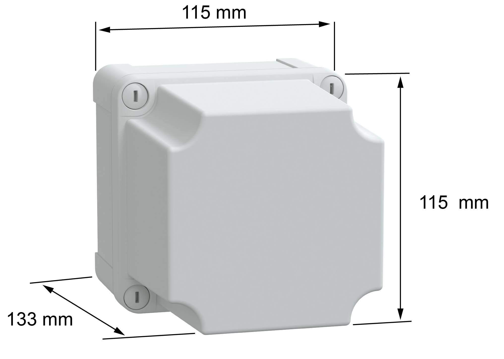 Przedstawiono elektryczną skrzynkę rozdzielczą o wymiarach 115 mm x 115 mm x 133 mm, podkreślając jej kształt prostopadłościenny oraz gabaryty.