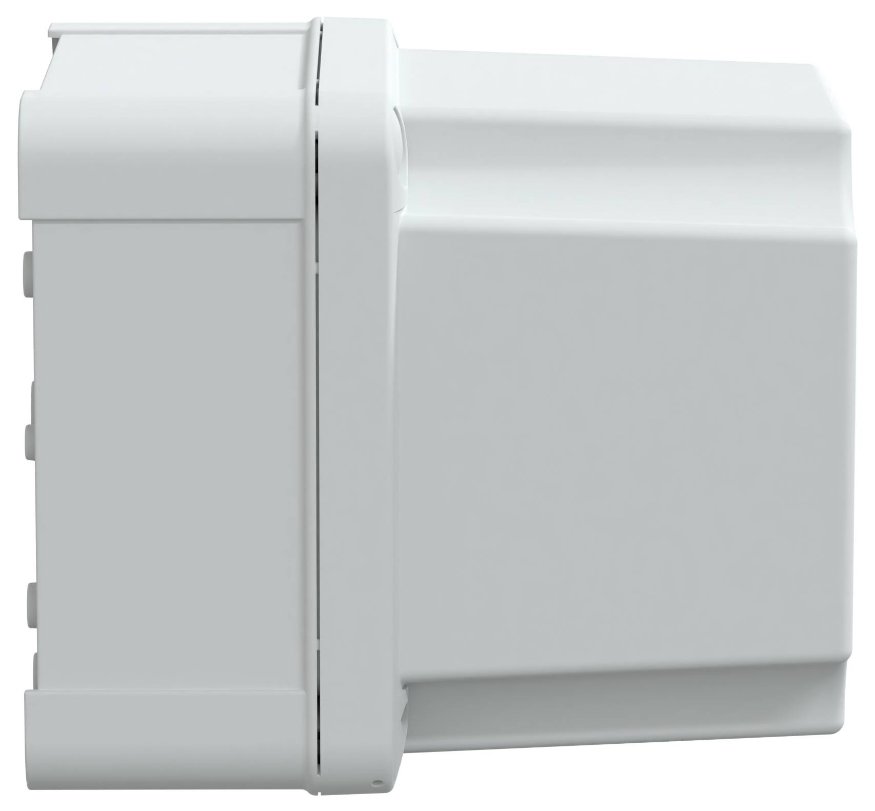 Zbliżenie bocznego widoku białego, prostokątnego urządzenia o gładkiej powierzchni, posiadającego wiele otworów lub szczelin po jednej stronie, prawdopodobnie elektronicznej lub użytkowej skrzynki.