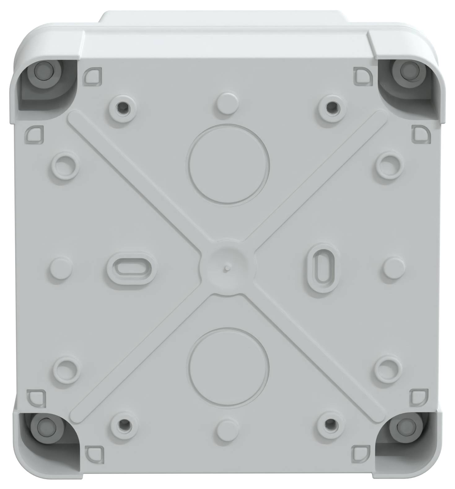 Szara skrzynka elektryczna z widokiem od dołu, ukazująca liczne otwory montażowe i zagłębienia przeznaczone do prowadzenia przewodów.