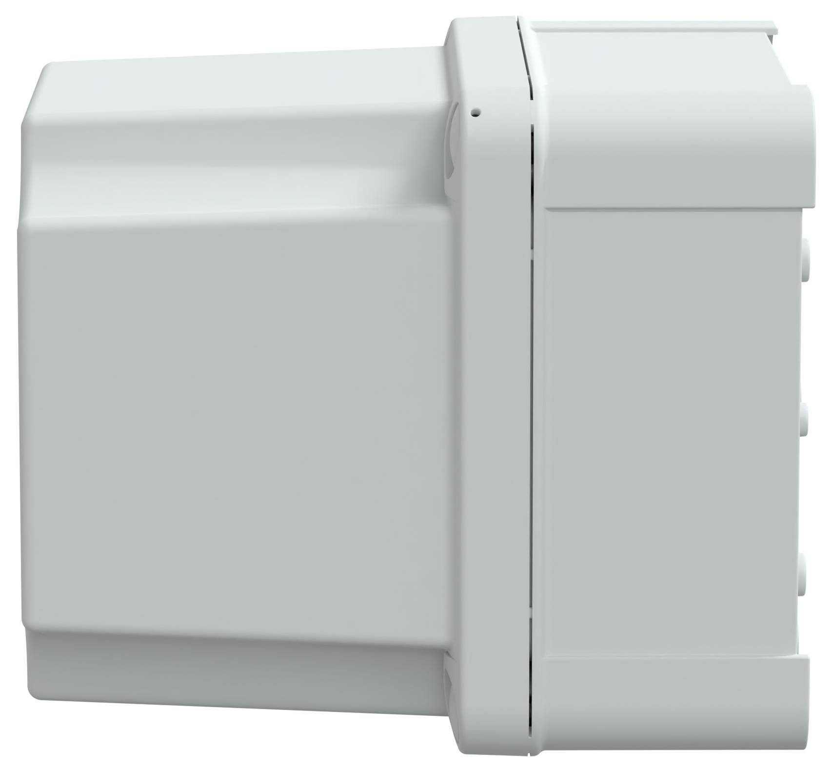 Zbliżenie szarego, prostokątnego elementu przemysłowego z zawiasową pokrywą po jednej stronie, nadającego się do zastosowań elektrycznych na wolnym powietrzu.