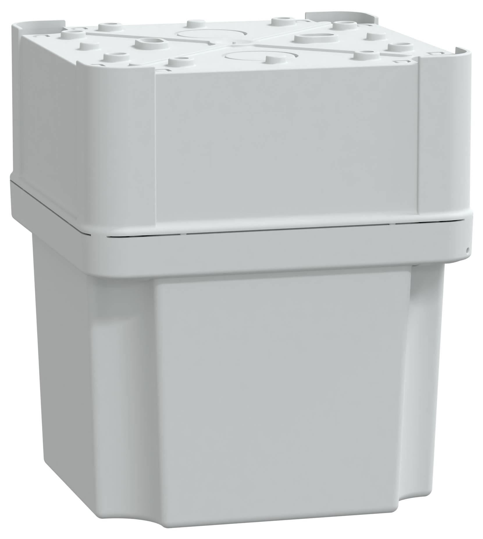 Białe plastikowe pudełko rozdzielcze z pokrywką, o zaokrąglonych narożnikach i wielu punktach wprowadzenia kabli na górnej powierzchni.