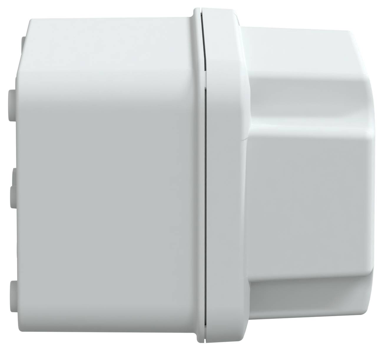 Biały, prostokątny elektroniczny przyrząd o gładkiej obudowie i delikatnie zaokrąglonych krawędziach, prawdopodobnie czujnik lub przełącznik montowany na ścianie.