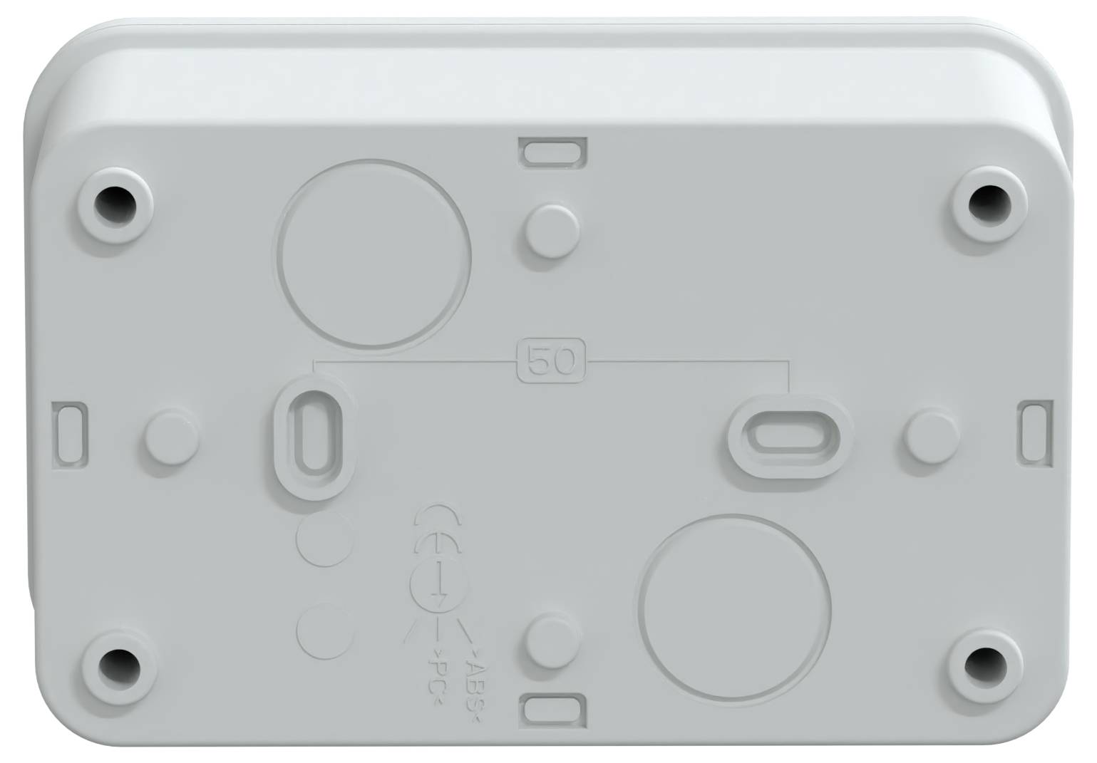 Białe prostokątne podłoże puszki elektrycznej z otworami montażowymi i kablowymi, widziane od strony tylnej.