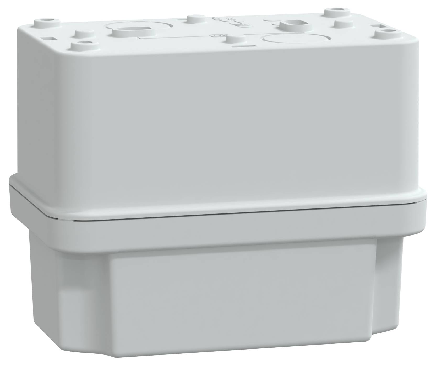 Prostokątne, szare plastikowe pudełko elektryczne z zdejmowaną pokrywą, służące do osłony i zabezpieczenia połączeń elektrycznych.