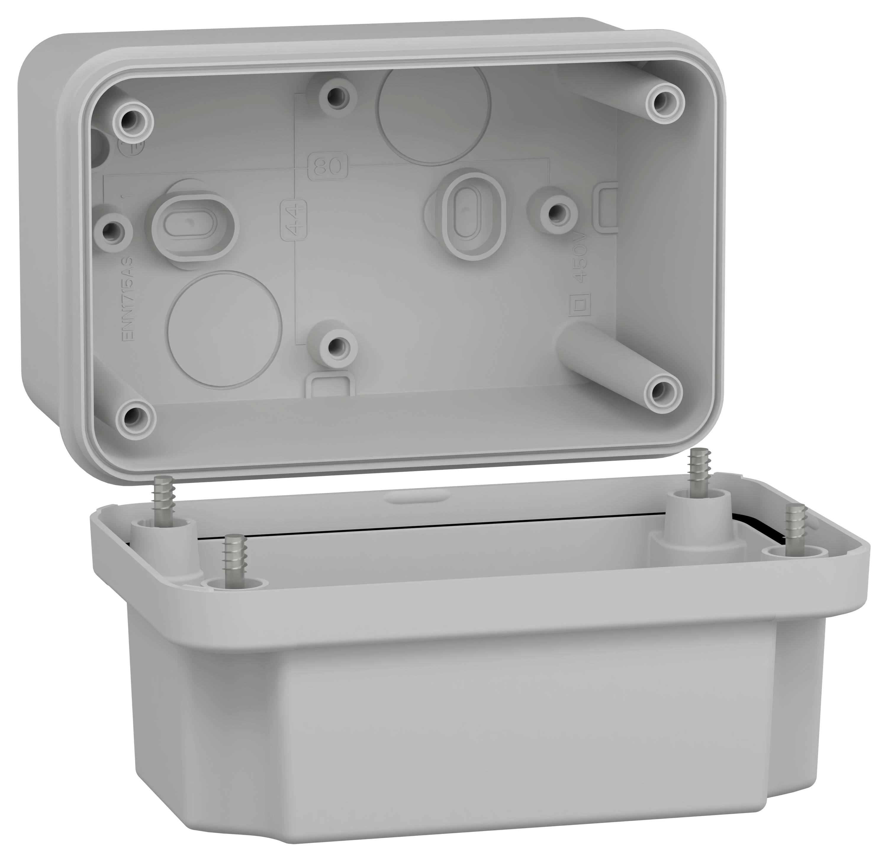 Szara plastikowa puszka elektryczna z otwartą pokrywą, odsłaniająca otwory montażowe i zaciski śrubowe wewnątrz, służąca do osłaniania połączeń elektrycznych.