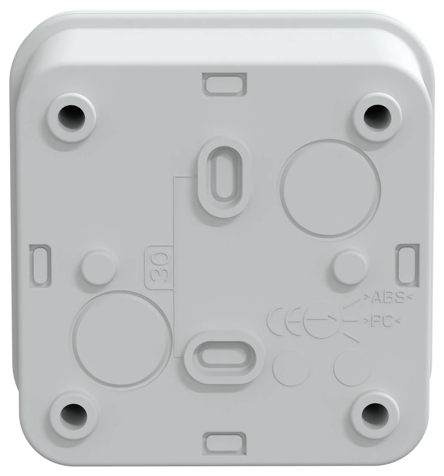 Biały prostokątny uchwyt ścienny z tworzywa sztucznego z wieloma otworami i wgłębieniami, odpowiedni do mocowania różnych urządzeń elektrycznych.