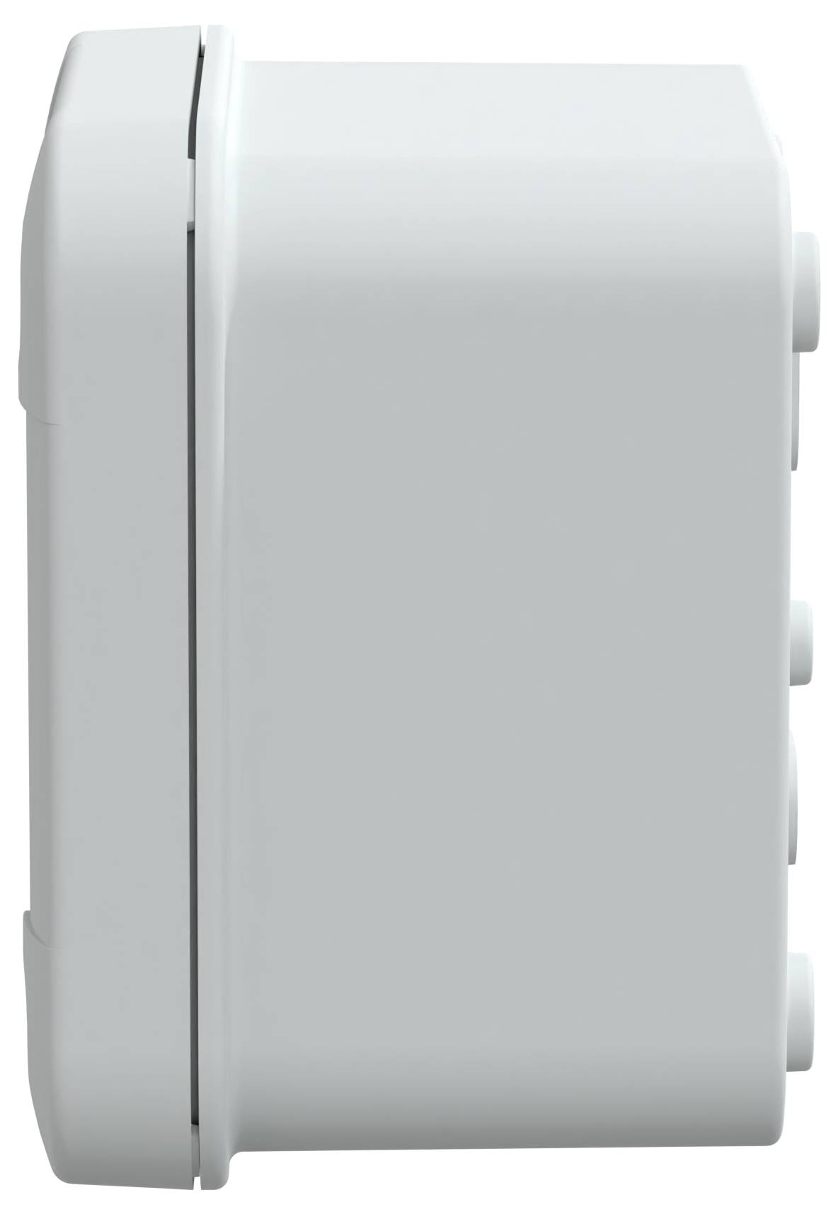 Szary prostokątny elektroniczny przyrząd, przedstawiony z boku, posiadający wiele punktów podłączeniowych na jednym końcu.