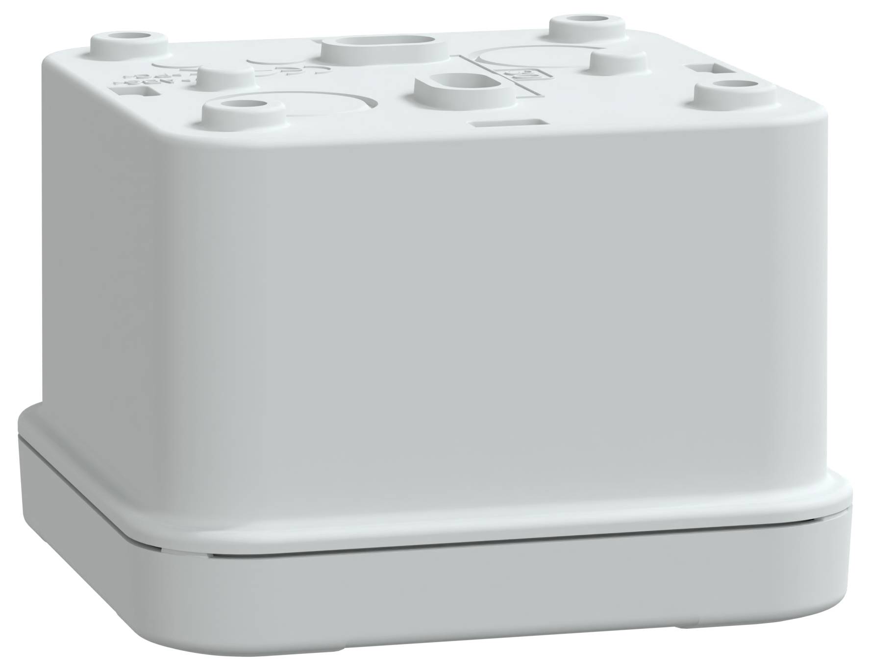 Białe prostokątne elektryczne pudełko rozdzielcze z wieloma złączami na wierzchu, służące do osłony i grupowania połączeń elektrycznych.