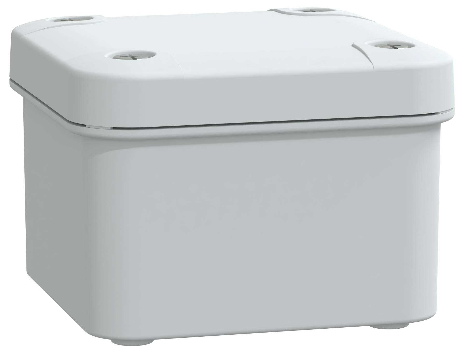 Szare, prostokątne plastikowe pudełko rozgałęźne o gładkiej powierzchni z widocznymi elementami mocującymi na pokrywie.