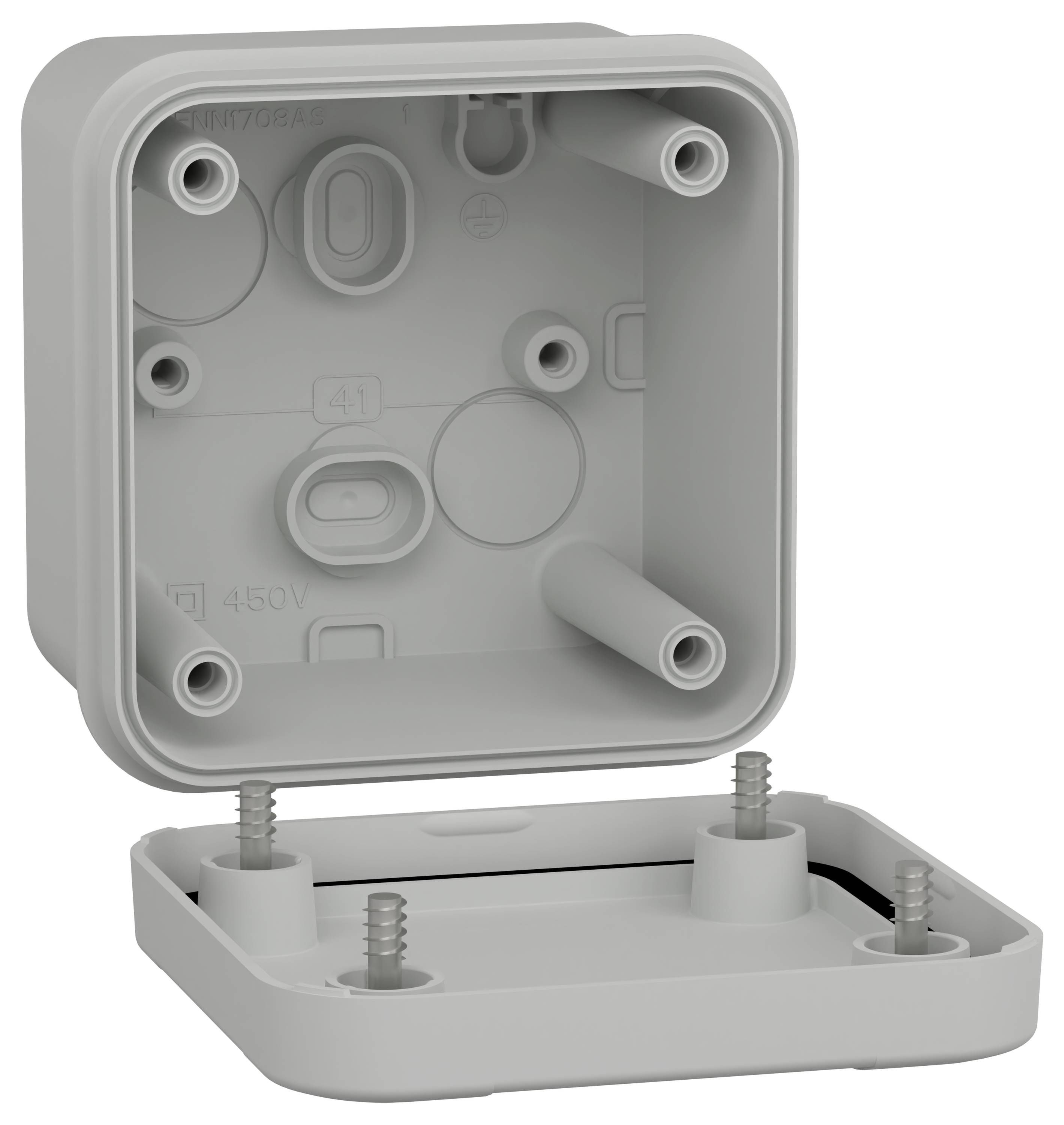 Otwarte szare skrzynki elektryczne z czterema śrubami i kilkoma otworami montażowymi, przeznaczone do bezpiecznego osłaniania połączeń elektrycznych.