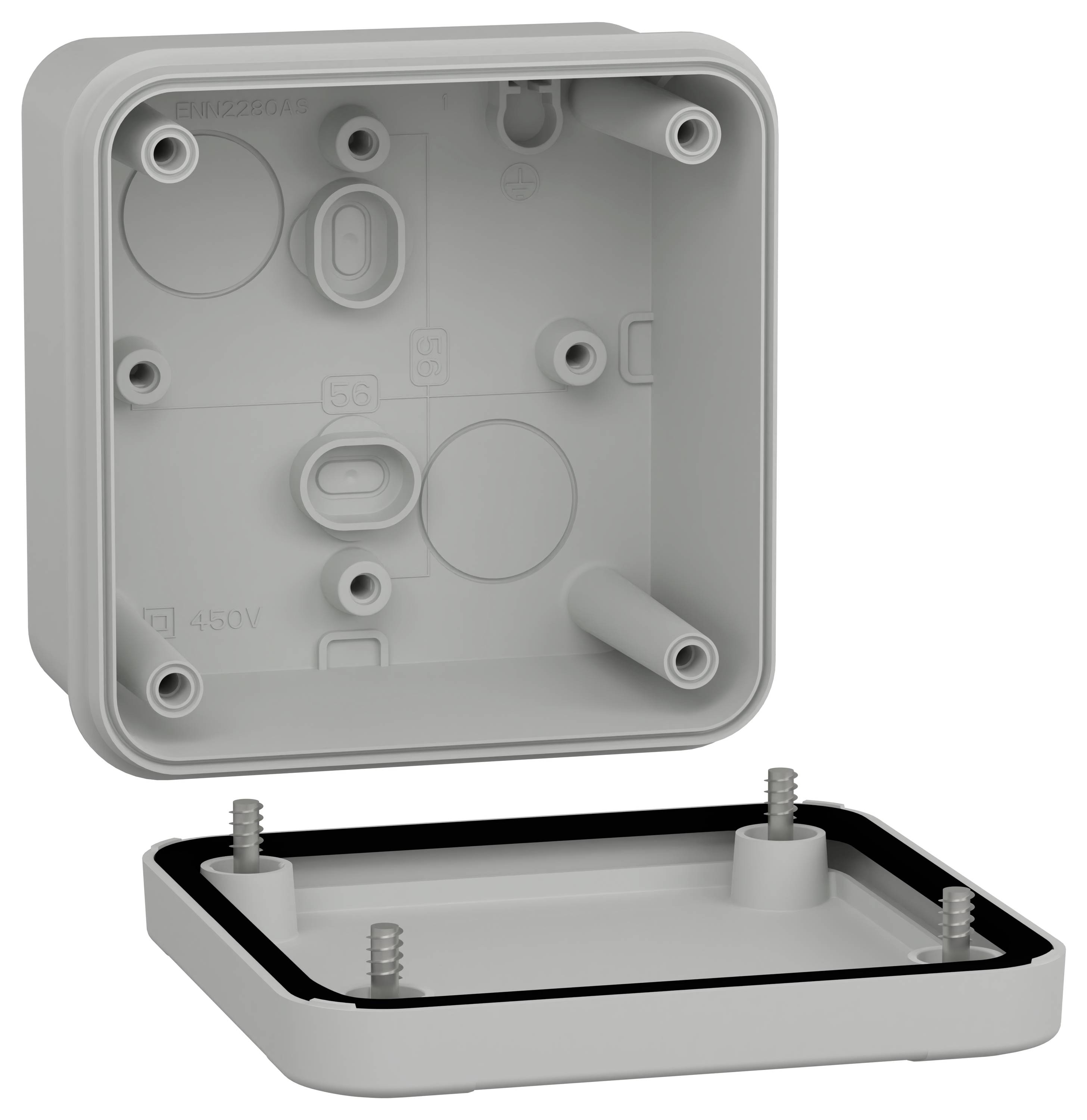 Pokazano pustą kwadratową skrzynkę elektryczną z usuniętą pokrywą, prezentującą otwory na śruby i wewnętrzne przegrody do prowadzenia przewodów.