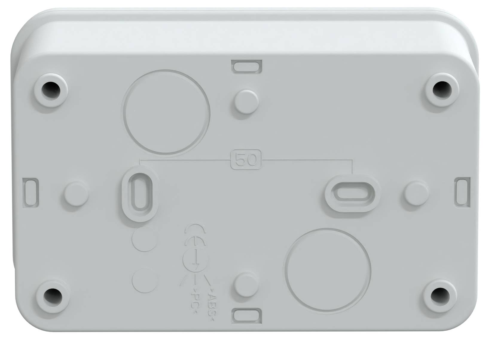 Biała prostokątna pokrywa puszki elektrycznej z okrągłymi i owalnymi otworami (wybiciami) do prowadzenia przewodów.