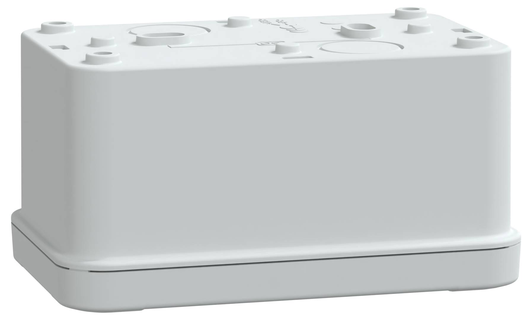 Prostokątne, jasnoszare plastikowe pudełko elektryczne z wieloma punktami wprowadzenia przewodów i otworami montażowymi na powierzchni.
