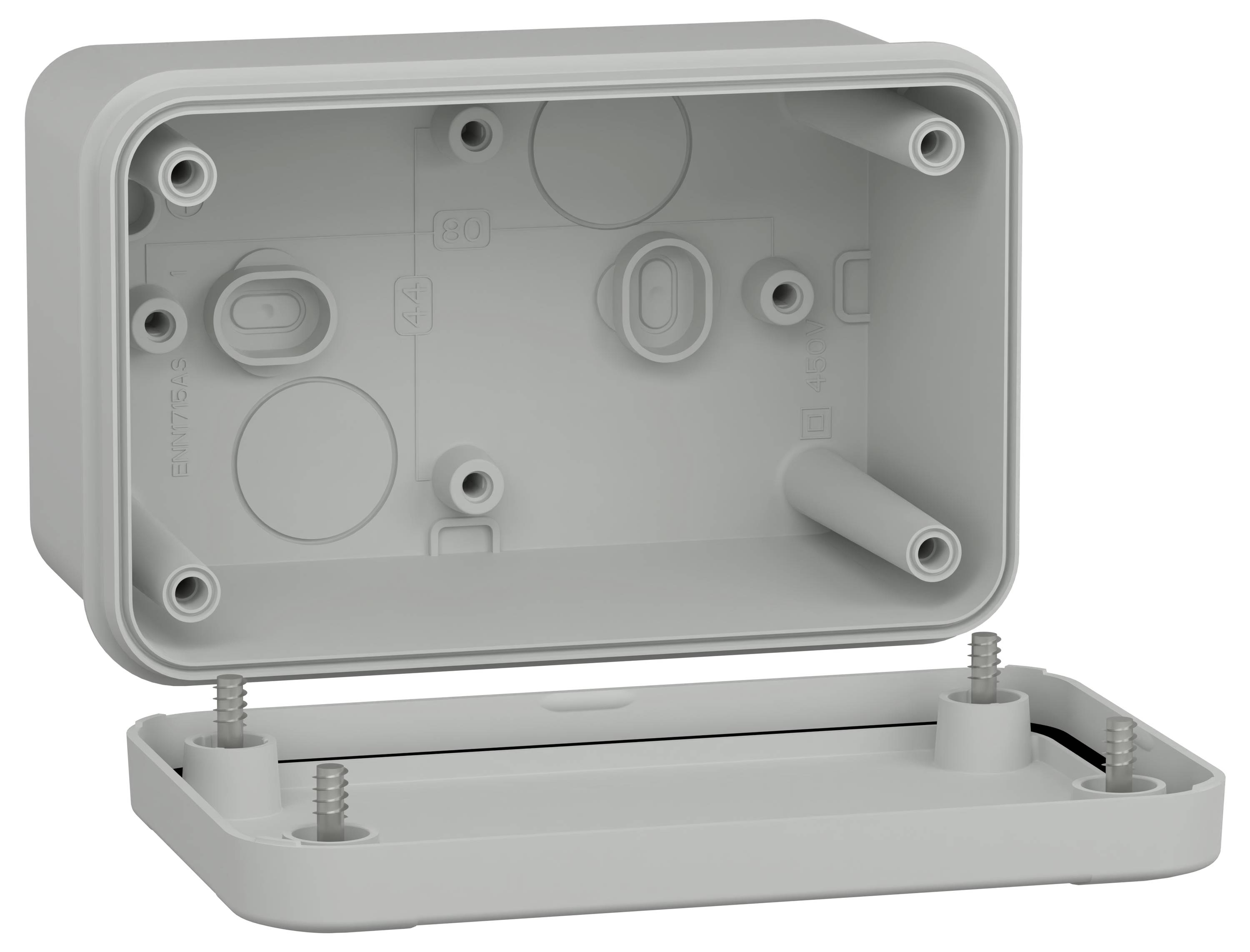 Szare, prostokątne pudełko elektryczne z otwartą pokrywą, ukazujące otwory montażowe i śruby.