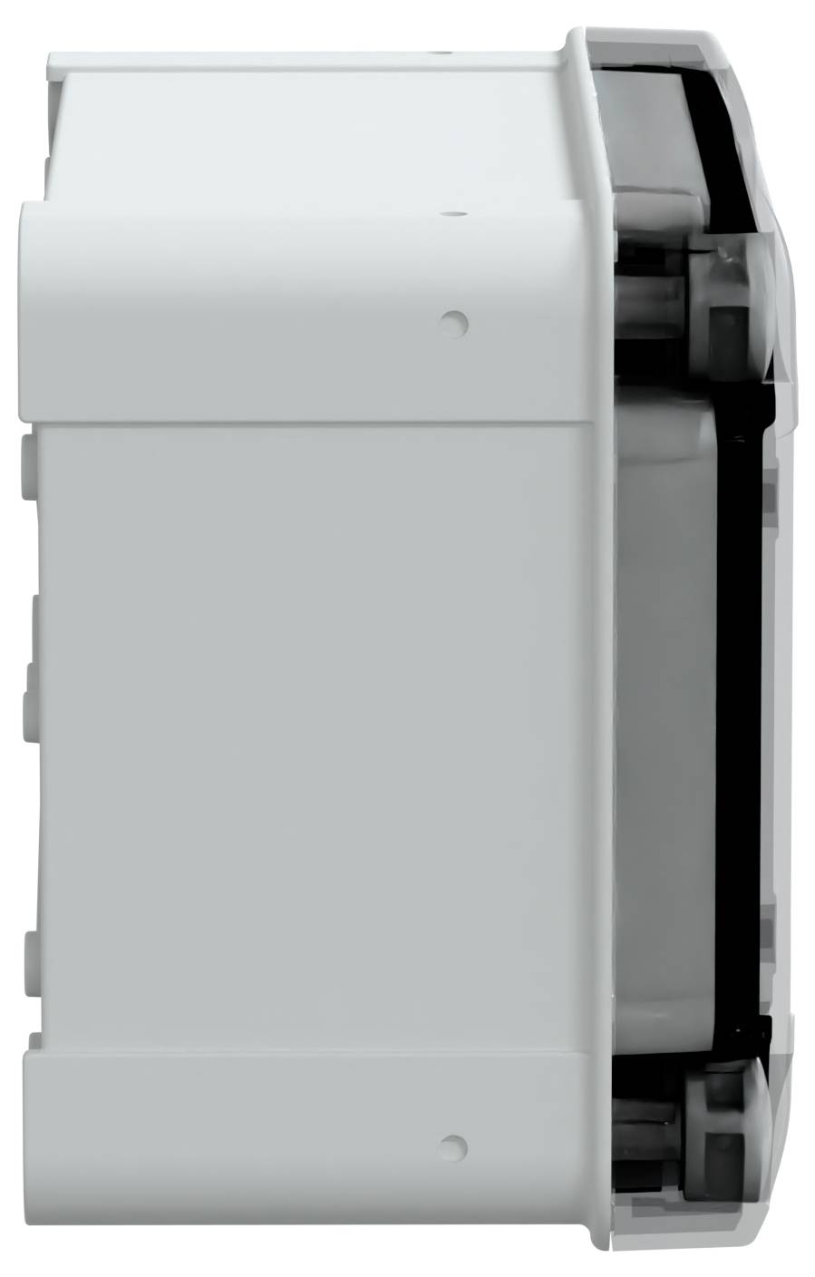 Zbliżenie białego, prostokątnego urządzenia elektronicznego z widocznymi panelami bocznymi i mechanizmami, sugerujące element większego wyposażenia.