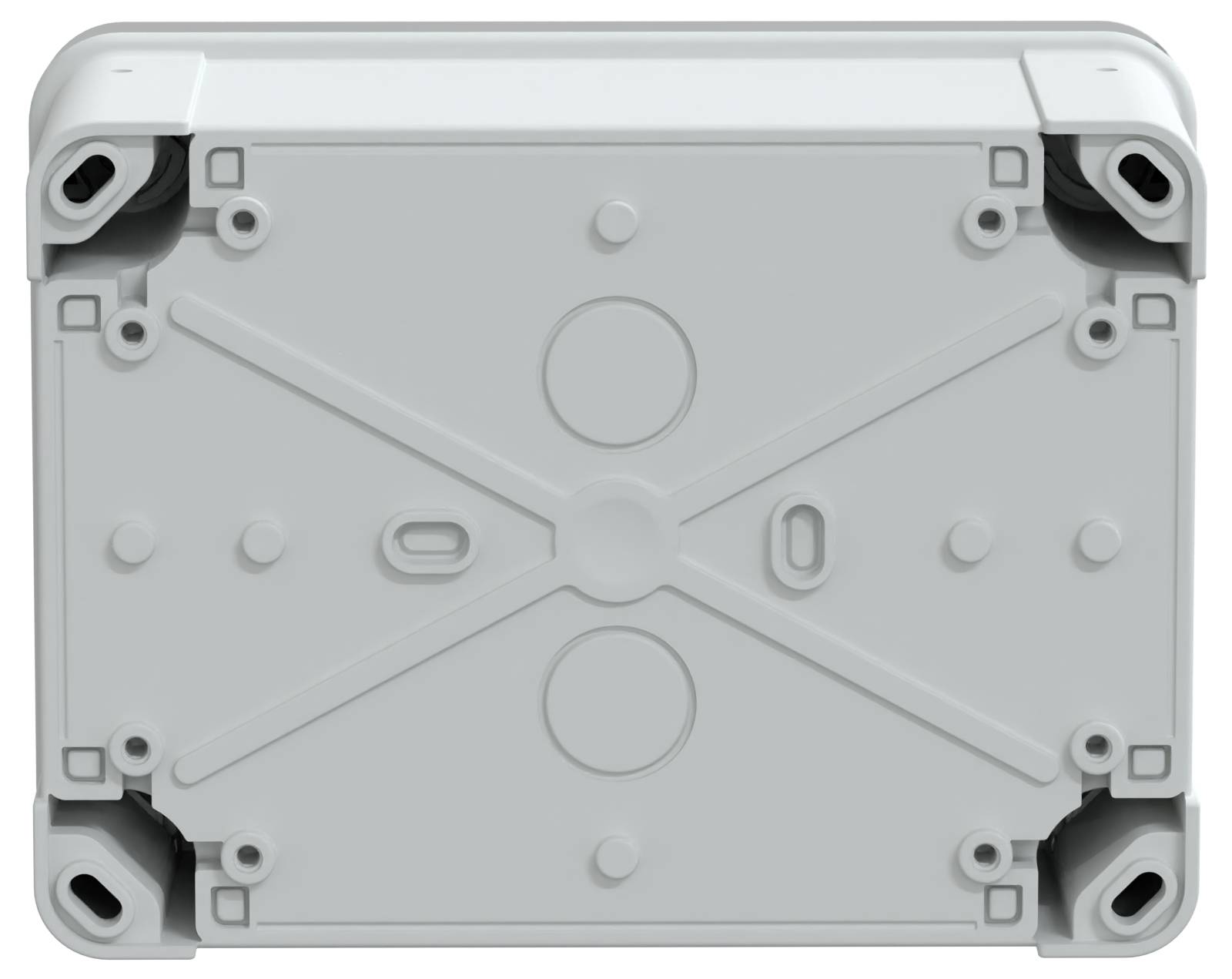 Prostokątna, biała plastikowa obudowa z zaokrąglonymi narożnikami, posiadająca sześć otworów na śruby i wytłoczone kółka na swojej powierzchni.