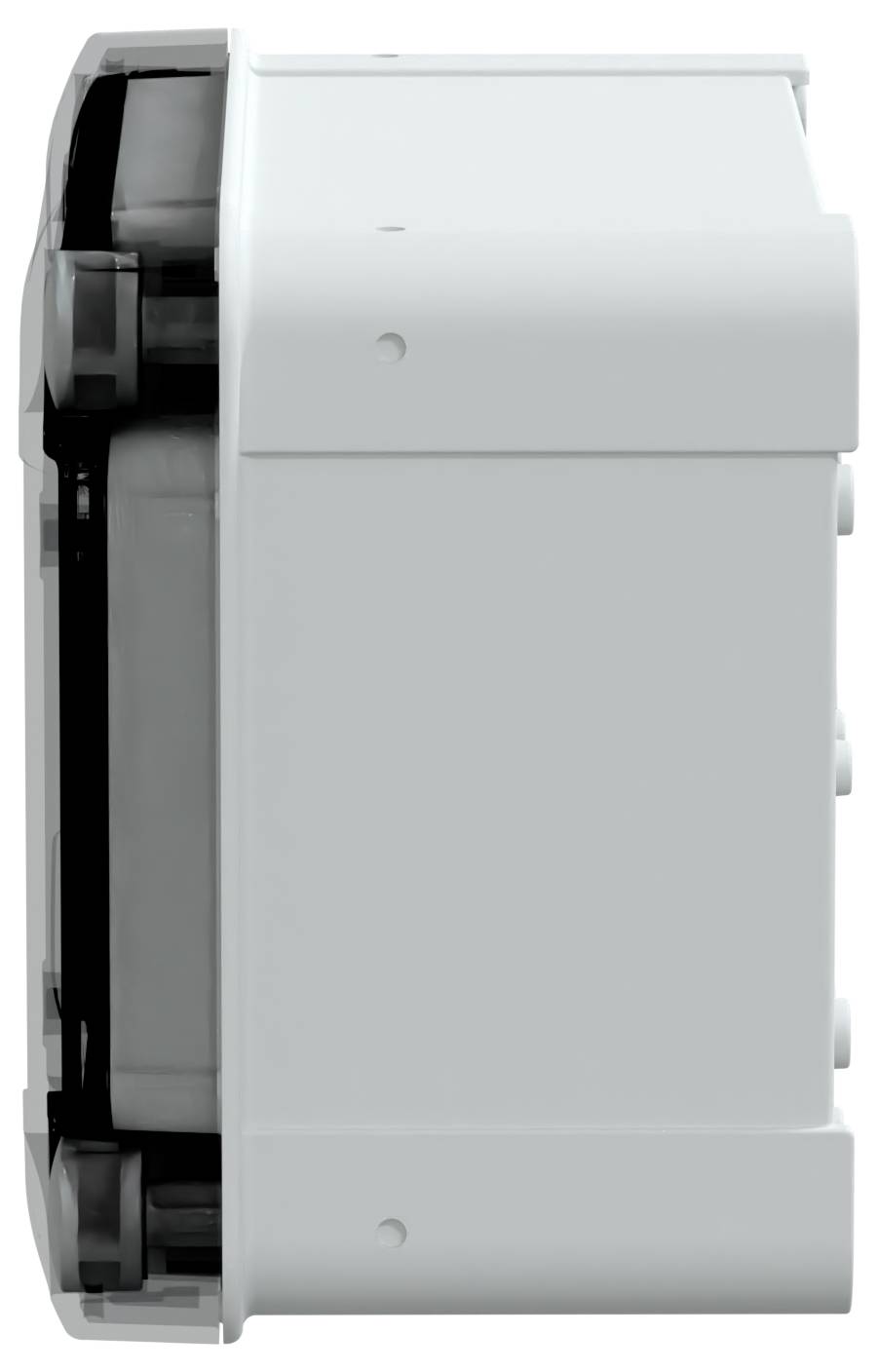 Widok z boku szarego, prostokątnego urządzenia elektronicznego zaokrąglonymi krawędziami i trzema widocznymi elementami cylindrycznymi po prawej stronie.