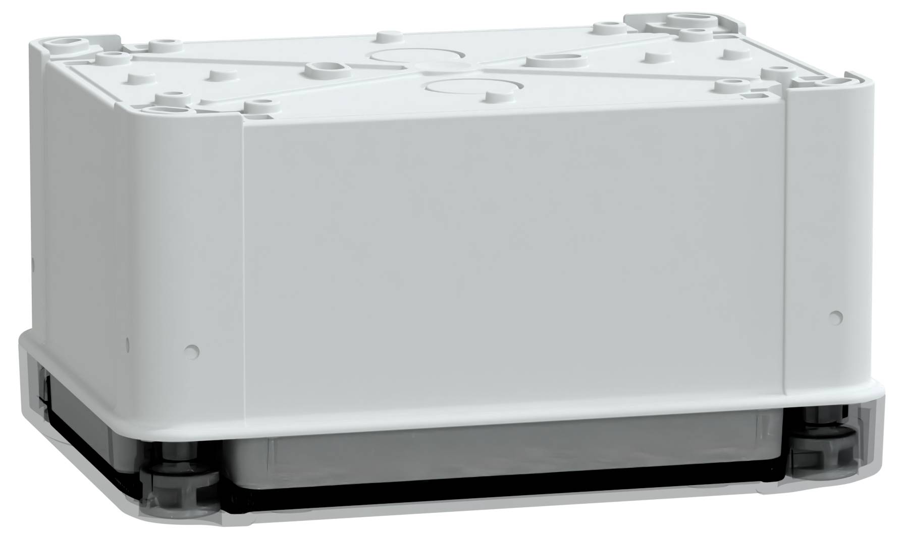 Białe, prostokątne pudełko elektryczne z zaokrąglonymi narożnikami, wyposażone w liczne otwory na wkręty od góry, przeznaczone do podłączeń przewodów elektrycznych.