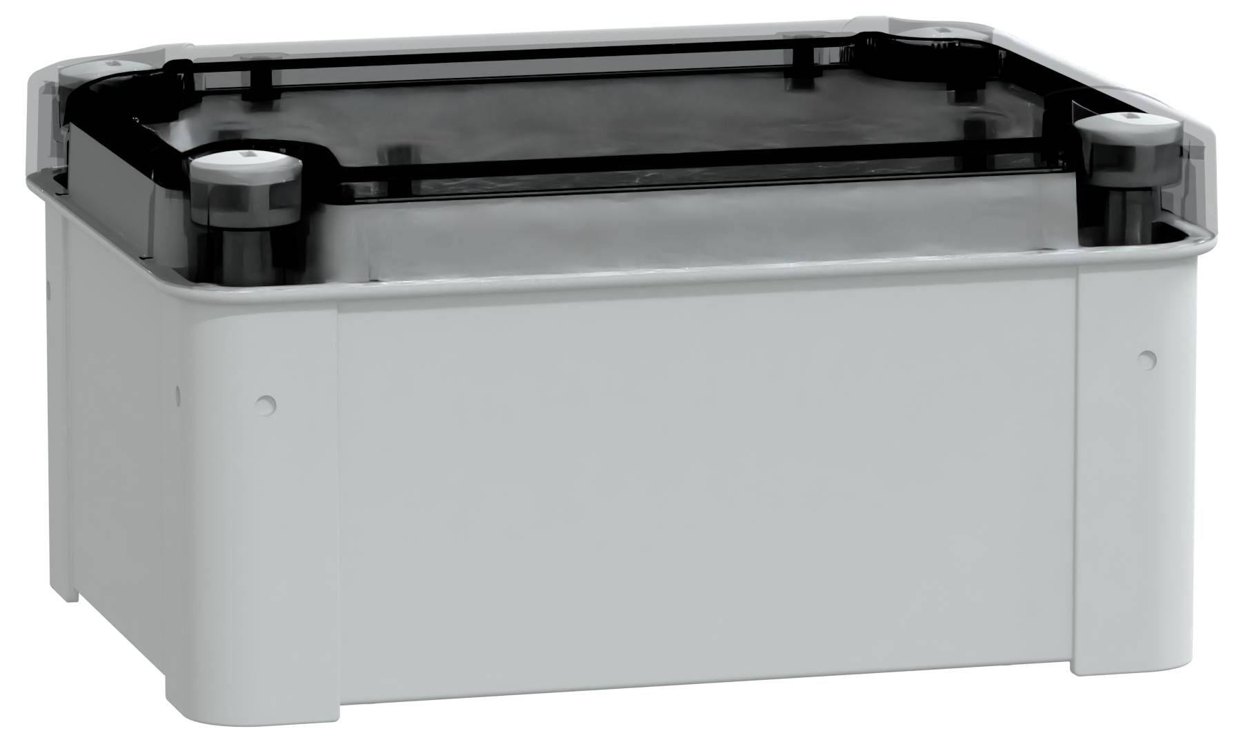 Prostokątna, szara obudowa z tworzywa sztucznego z czarnym, przezroczystym wierzchem, przeznaczona do zastosowań elektrycznych lub elektronicznych.