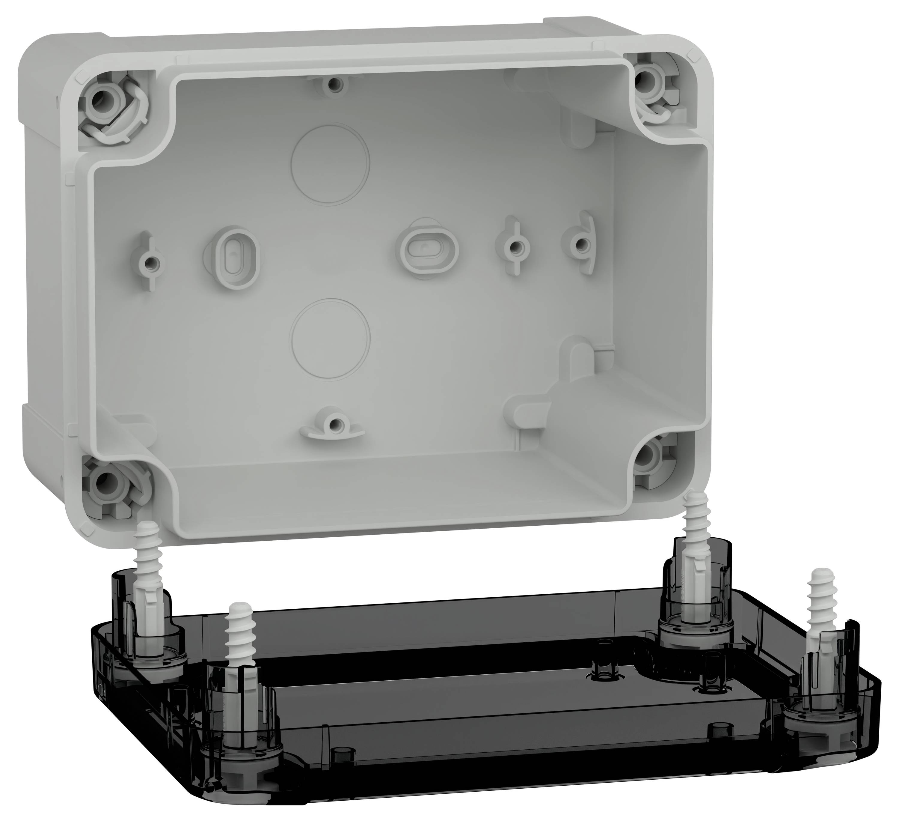 Dwuczęściowe pudełko elektryczne z szarą obudową i czarną podstawą, z widocznymi śrubami mocującymi w narożnikach.