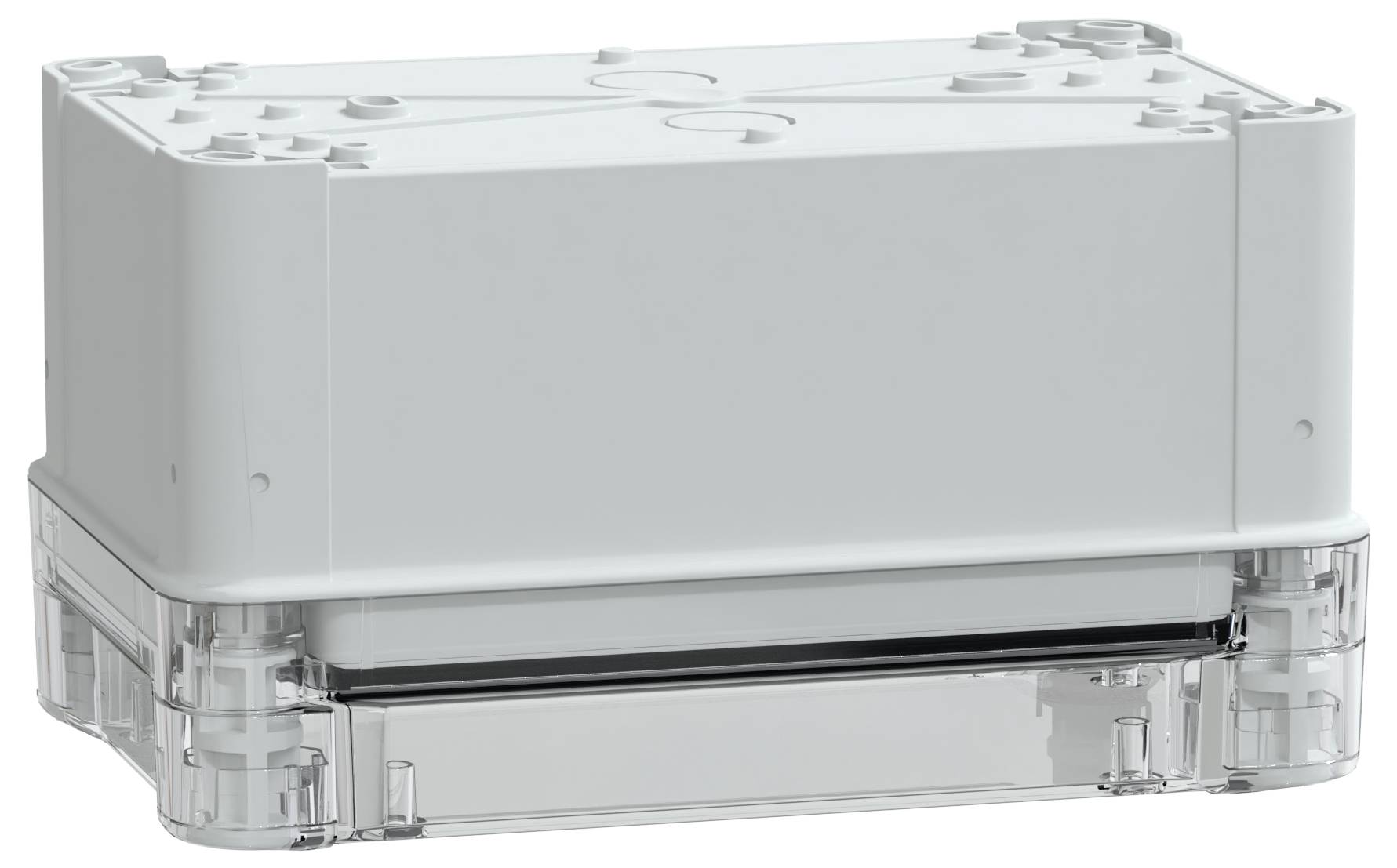 Białoobudowa z tworzywa sztucznego w kształcie prostokąta z przezroczystą dolną sekcją, stosowana do osłaniania podzespołów elektronicznych lub instalacji.