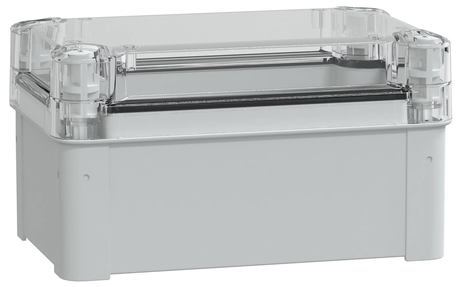 Plastikowa obudowa elektroniczna z przezroczystą pokrywą, zaprojektowana do ochrony elementów elektrycznych, przedstawiona na białym tle.