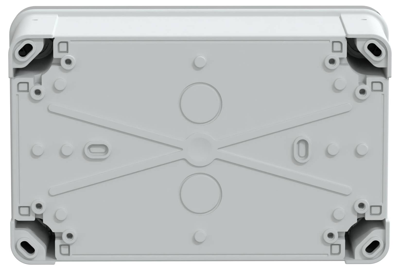 Szary prostokątny elektroniczny osprzęt z punktami mocowania w każdym rogu oraz dwoma okrągłymi elementami pośrodku.