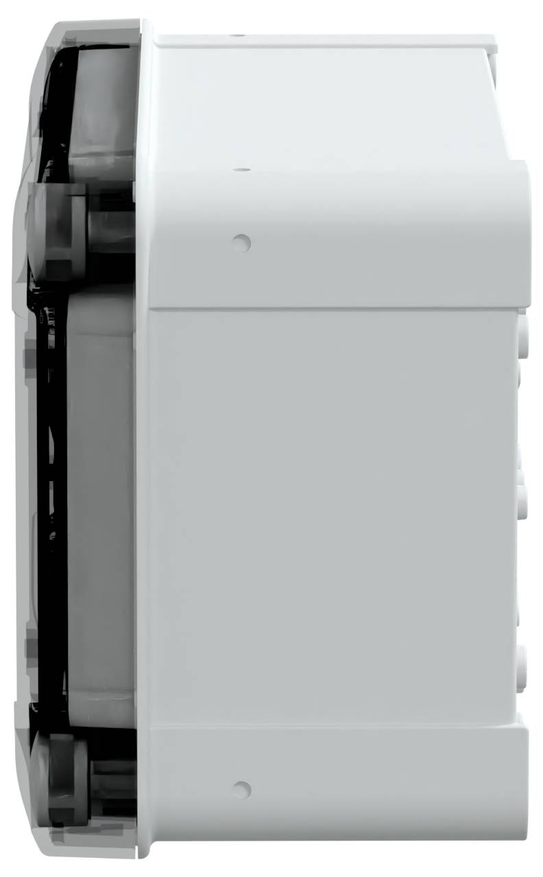 Widok z boku prostokątnej, szarej obudowy przemysłowej z widocznymi zawiasami i mechanizmami ryglującymi po jednej stronie.