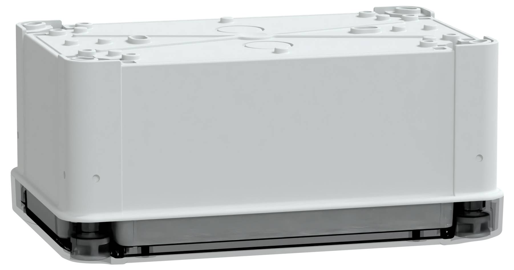 Prostokątne szare plastikowe pudełko elektryczne z zaokrąglonymi rogami i wieloma otworami wejściowymi na górze przeznaczonymi do wprowadzania kabli lub przewodów.