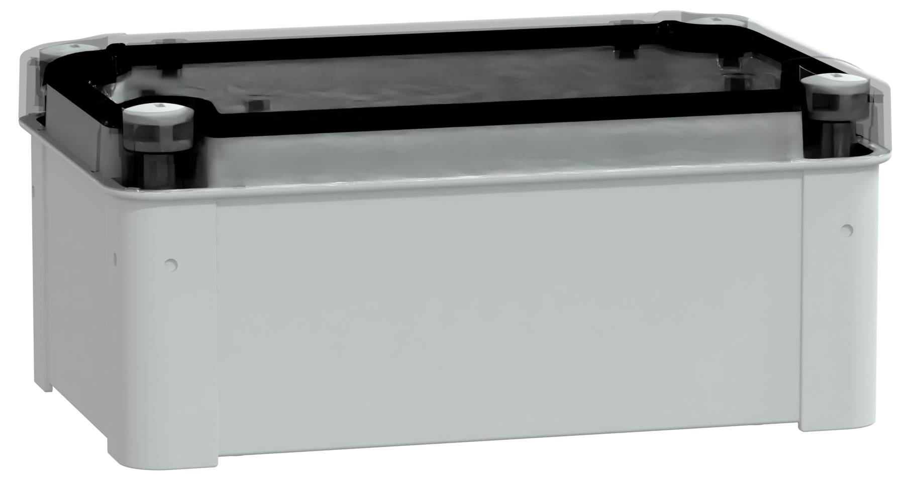 Prostokątna obudowa z tworzywa sztucznego z czarną pokrywą, używana do przechowywania elementów elektronicznych lub zabezpieczania połączeń.