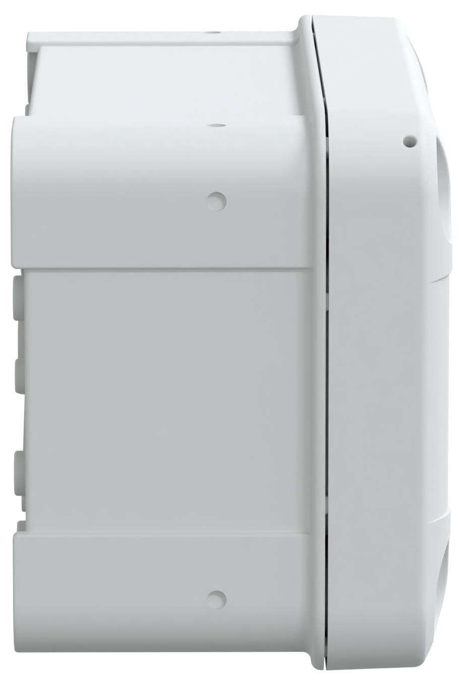 Widok z boku małego, prostokątnego, białego urządzenia elektronicznego o gładkiej powierzchni i zaokrąglonych krawędziach. Bez widocznych przycisków lub etykiet.