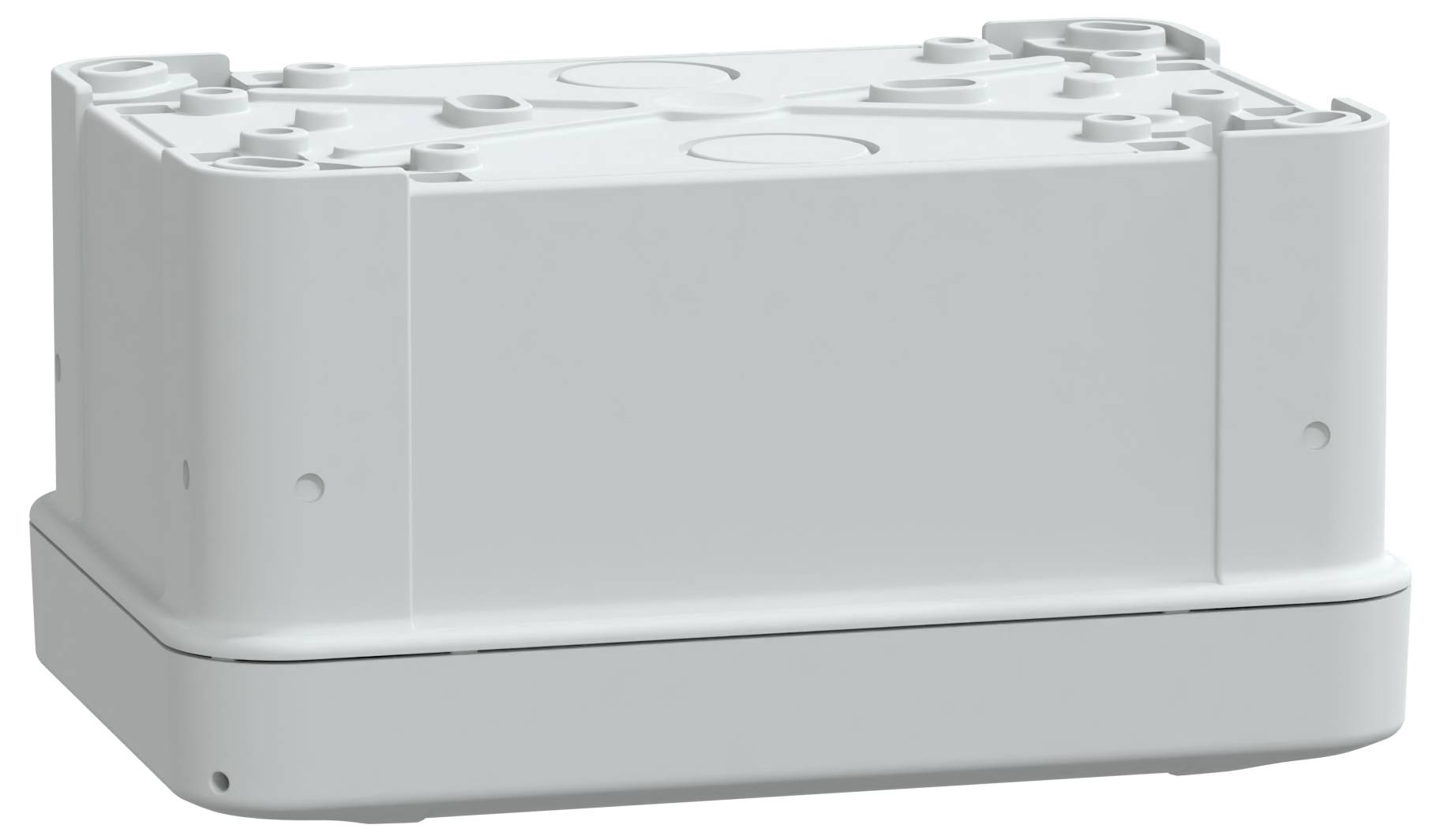 Prostokątne, jasnoszare plastikowe pudełko elektryczne z teksturowaną górną powierzchnią i wieloma punktami połączeniowymi po bokach.