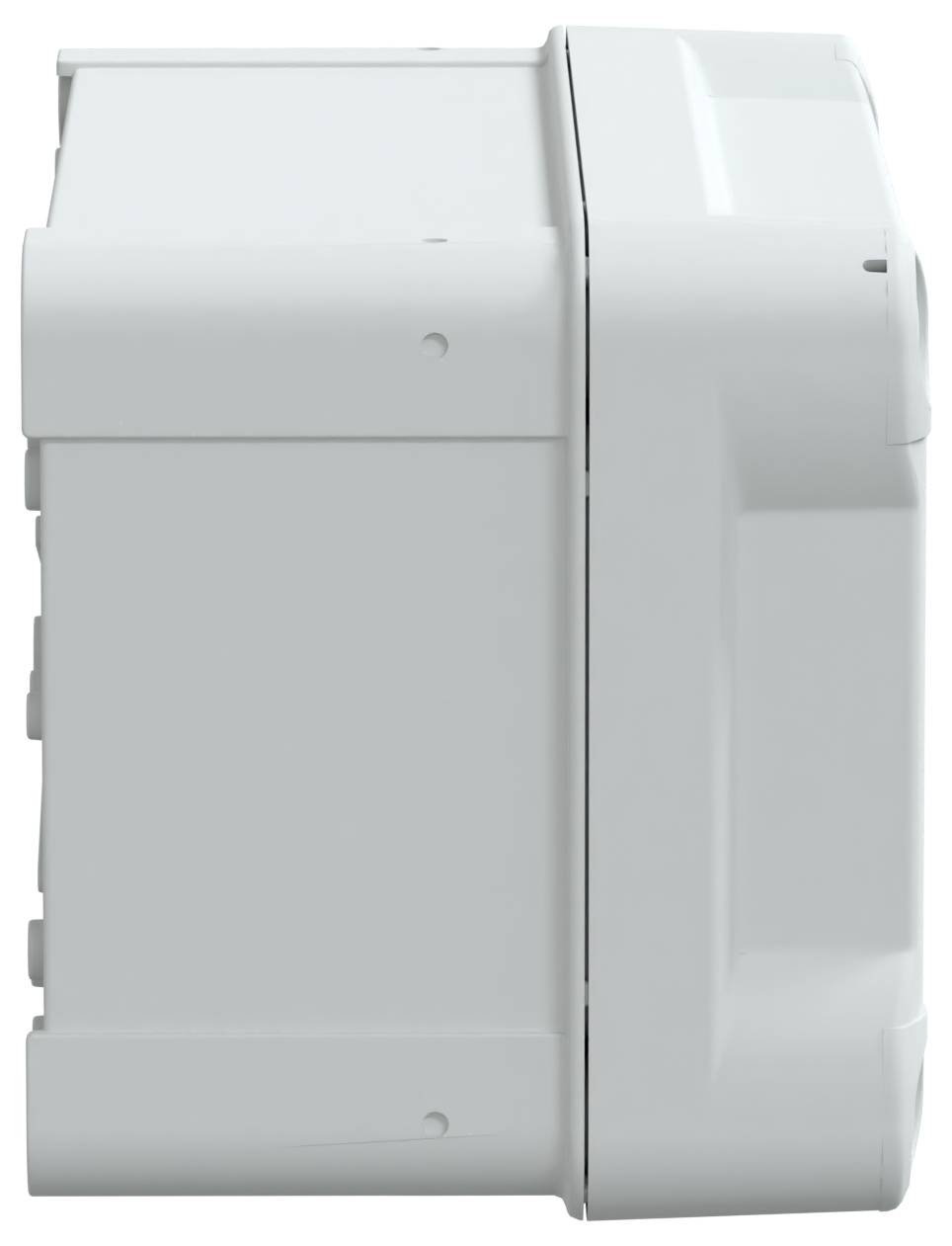 Białe, prostokątne urządzenie zamontowane na ścianie o eleganckiej, minimalistycznej stylistyce z przypominającą wentylację sekcją z boku.