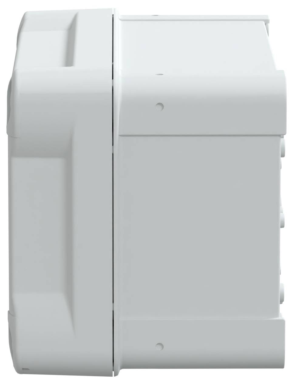 Widok z boku szarego, prostokątnego urządzenia elektronicznego o lekko prążkowanej powierzchni z widocznymi elementami mocującymi.