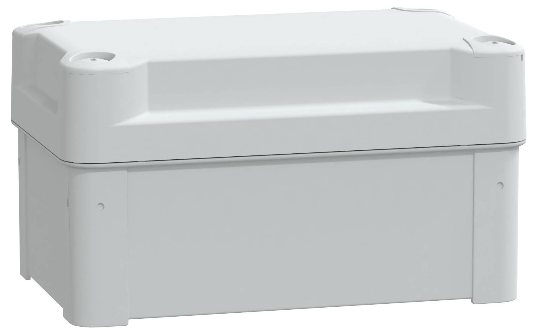 Prostokątny, biały, zamknięty pojemnik magazynowy z płaską pokrywką i lekko zaokrąglonymi krawędziami, umieszczony na białym tle.