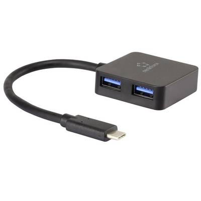 Czarny adapter USB-C z dwoma niebieskimi portami USB 3.0 i krótkim przewodem.